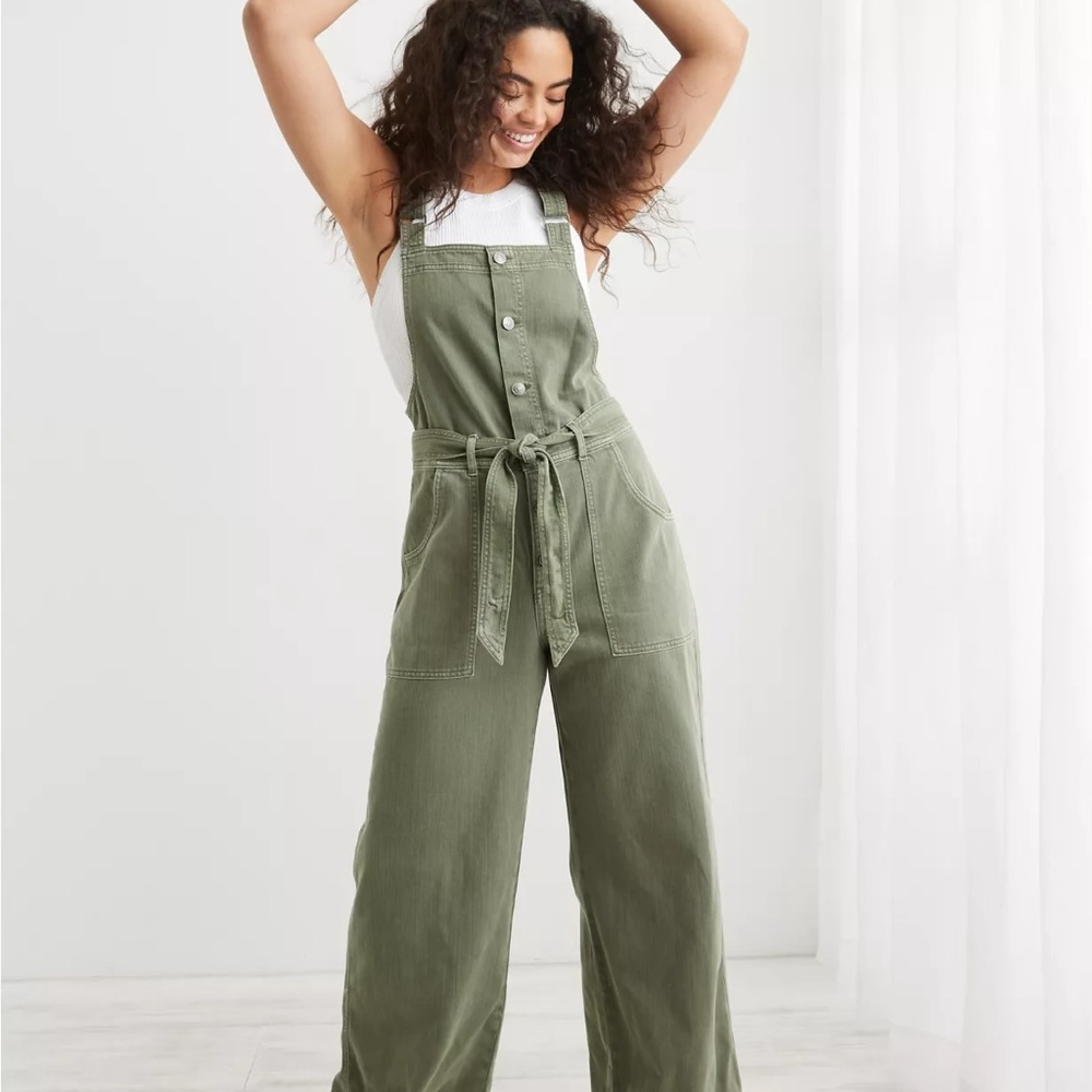 Aerie skater pant overalls wide leg flare olive green soft denim